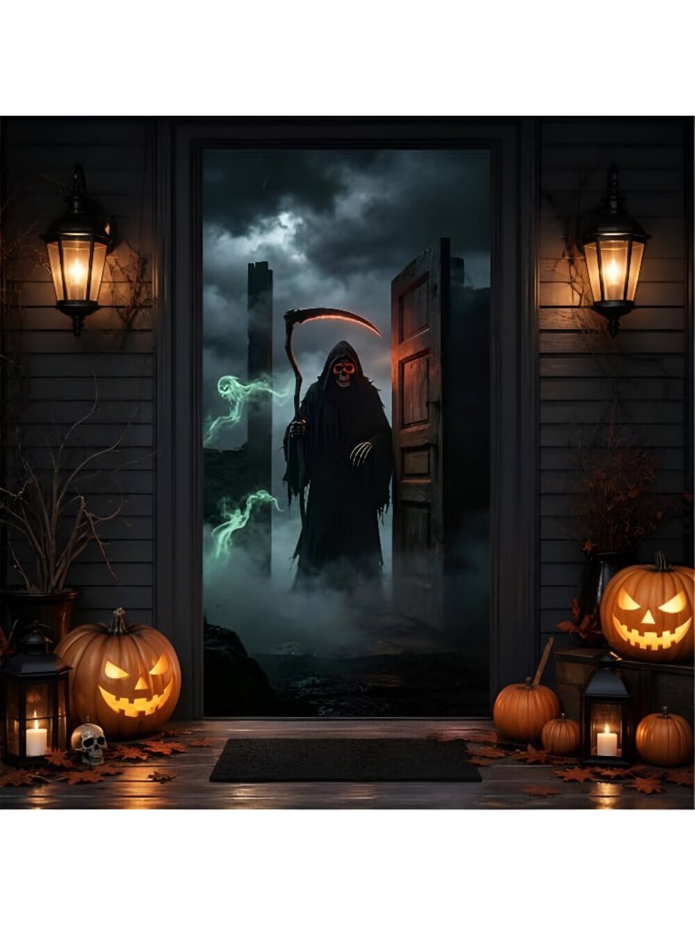 Halloween Door Banner Cover - 71"x35" Grim Reaper Open Door Front Door Banner,